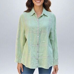 Studio Works Linen Long Sleeve Button Front Top in Mint Plaid Size MP